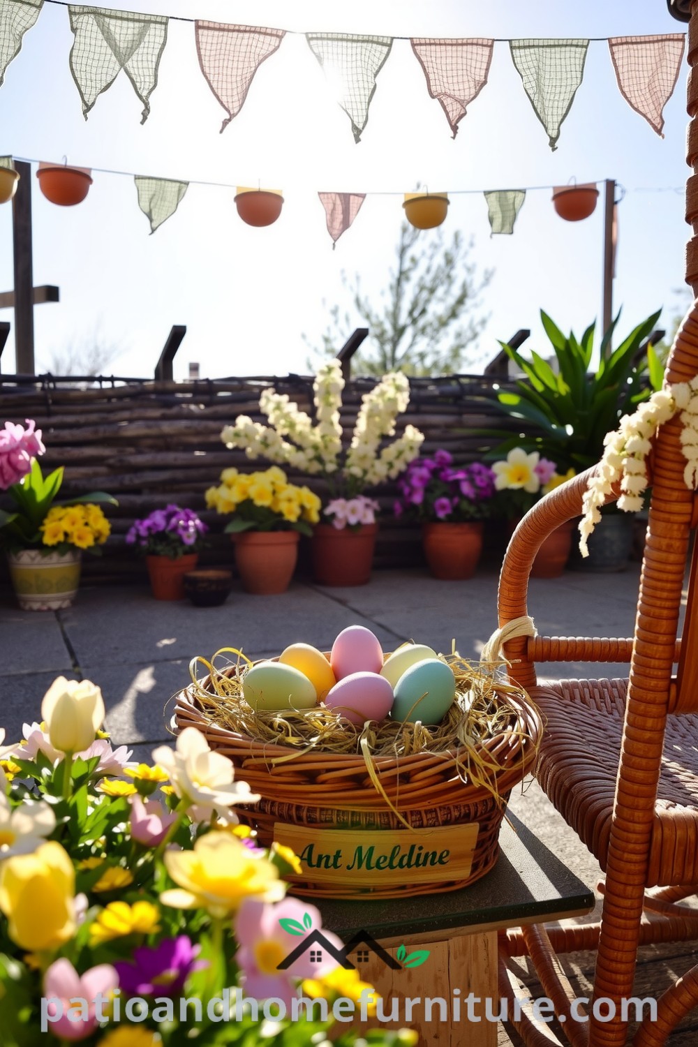 Colorful eggs in a wicker basket on a sunlit patio, surrounded by pastel flowers and bunting, featuring rustic chairs creating an inviting atmosphere for spring celebrations, perfect for cozy home decor inspirations. Visit fireplacesandwoodstoves.com for unique ideas.