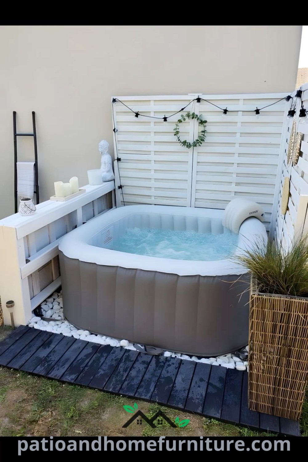 Inflatable hot tub on a deck next to potted plants, creating a cozy and inviting spa atmosphere with decor ideas from wellnesswink.com.