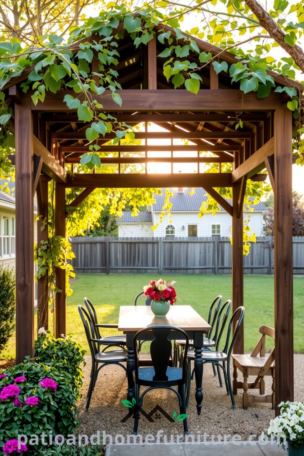 A classic wooden pergola in a backyard with climbing vines filtering sunlight onto a rustic wooden table surrounded by mismatched chairs, creating a cozy outdoor retreat, offering unique ideas for your home from fireplacesandwoodstoves.com.