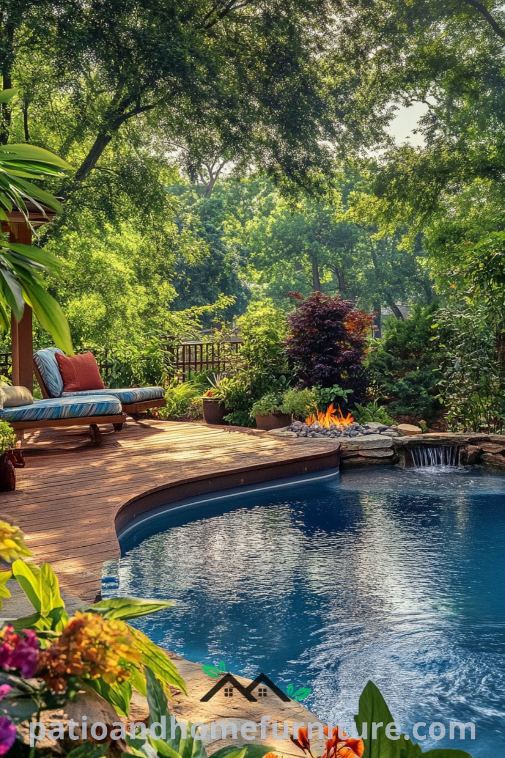 Inviting backyard oasis design from patioandhomefurniture.com showcasing an above ground pool, cozy fire pit, lush landscaping, and outdoor living space inspiration.