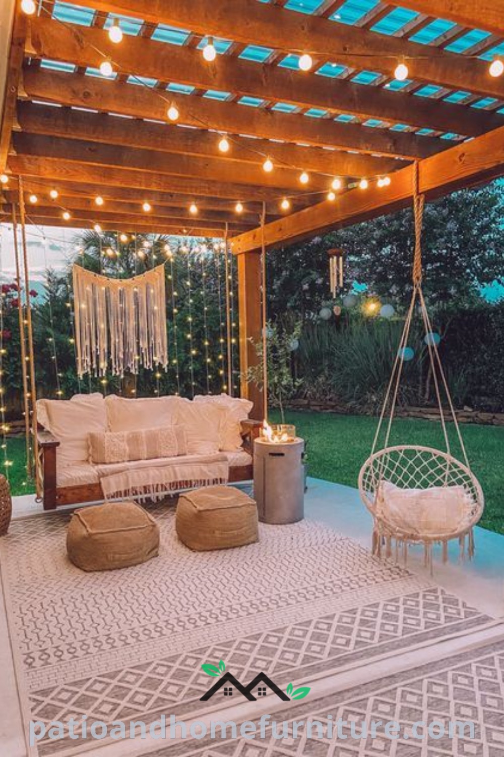 Outdoor living area with hanging chairs, couches, and string lights creating a cozy ambiance, featuring farmhouse decor elements and inviting design ideas to inspire your home. Visit wellnesswink.com for more cozy ideas and decor inspirations.