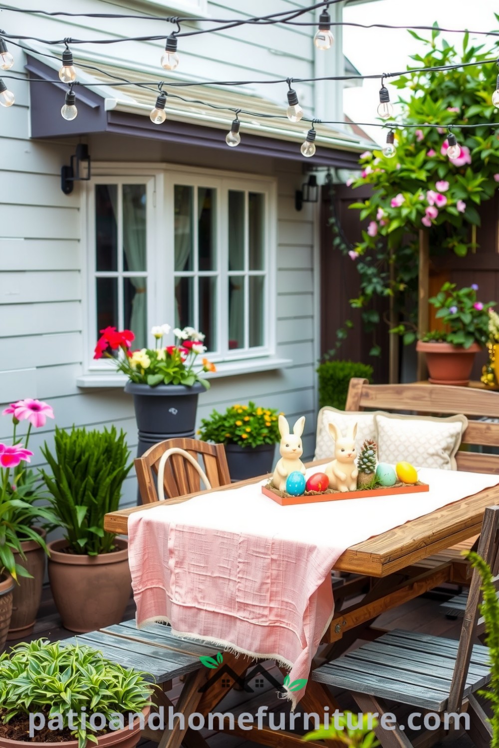 Charming patio adorned with Easter decor, including a pastel table, ceramic bunnies, vibrant eggs, and twinkling string lights, creating a cozy ambiance perfect for gatherings, showcasing unique ideas for your home at fireplacesandwoodstoves.com.