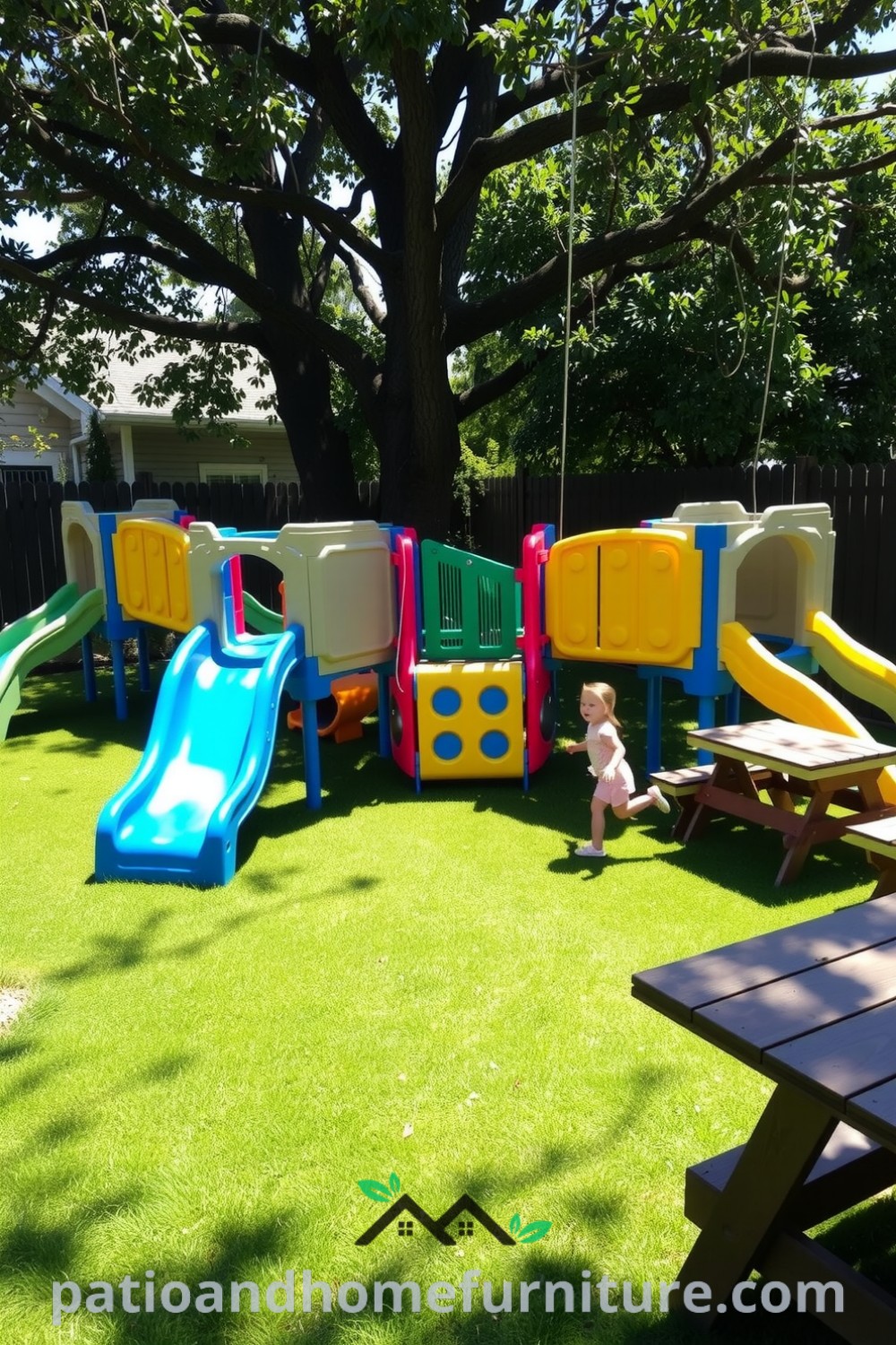 Colorful modular playground in a sunlit backyard with lush green grass, a wooden picnic table under a shade tree, and children