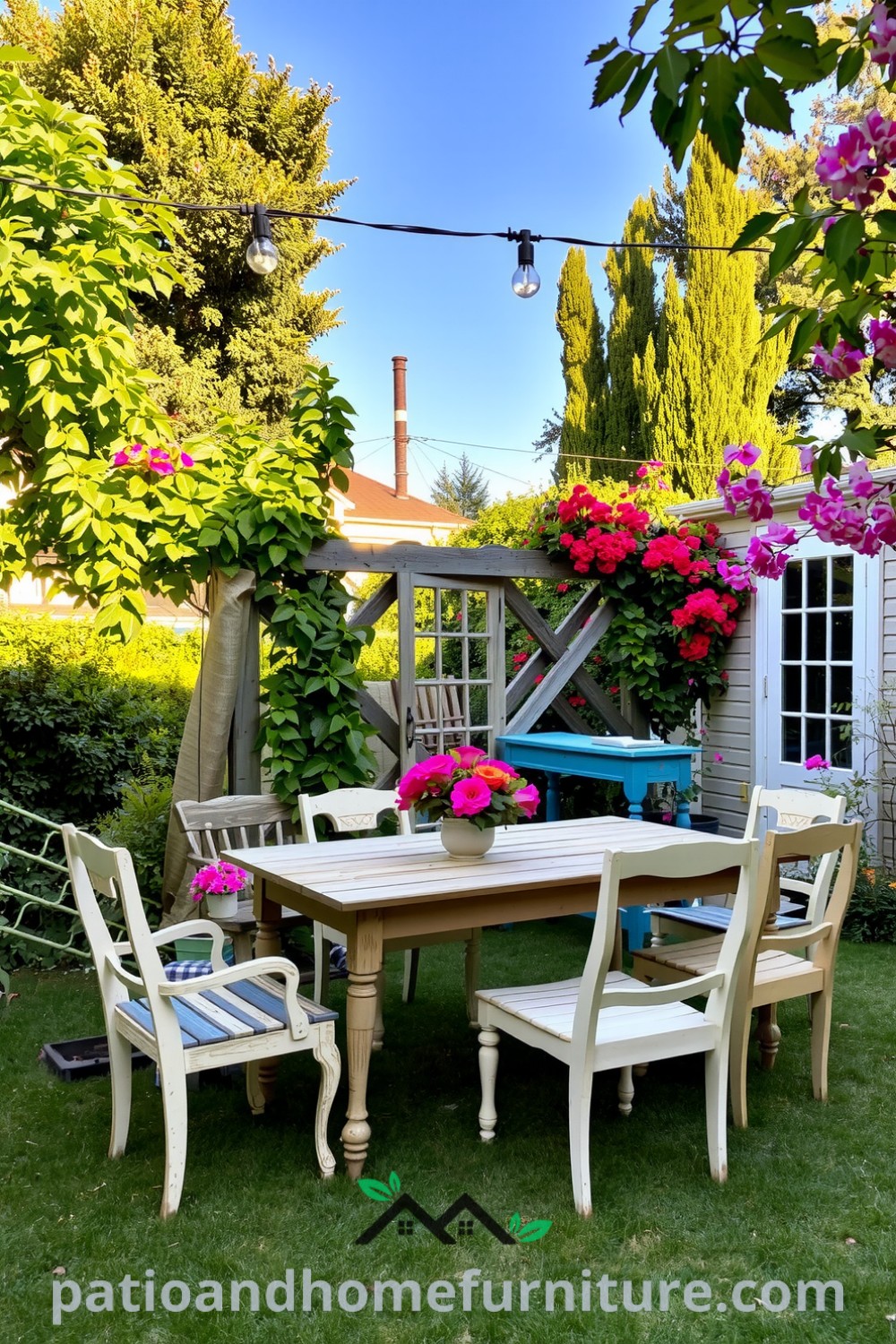 Cozy backyard dining setup featuring a rustic wooden table, mismatched chairs, lush greenery, blooming flowers, and soft string lights, creating an inviting atmosphere for gatherings. Visit fireplacesandwoodstoves.com for more unique ideas and inspirations for your home.