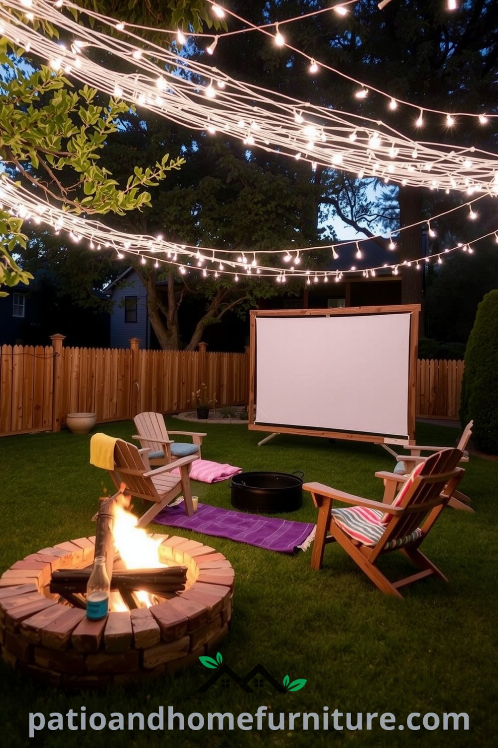 Backyard cinema with twinkling fairy lights, mismatched chairs, and colorful blankets, featuring a wooden screen and a cozy fire pit, creating a warm gathering place for summer movie nights, with ideas for your home from fireplacesandwoodstoves.com.