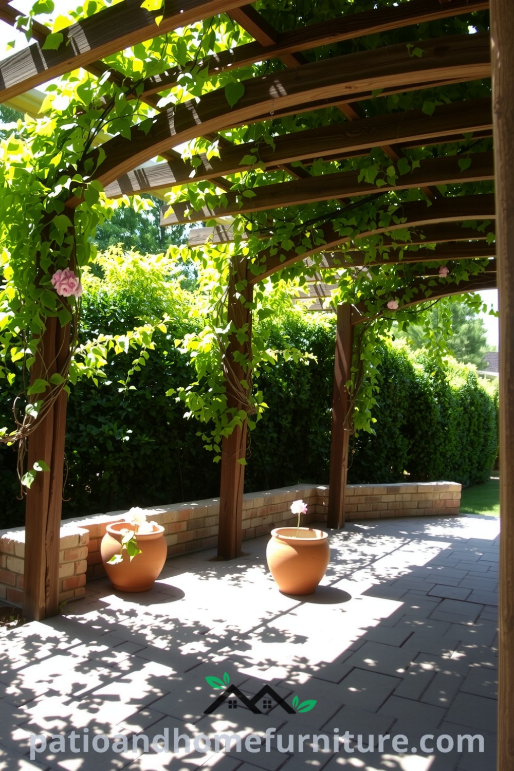 Arched pergola in a backyard entwined with vibrant vines, casting dappled shadows on a rustic stone patio, complemented by terracotta pots of blooming flowers, creating cozy ideas for unique home decor inspirations at fireplacesandwoodstoves.com.