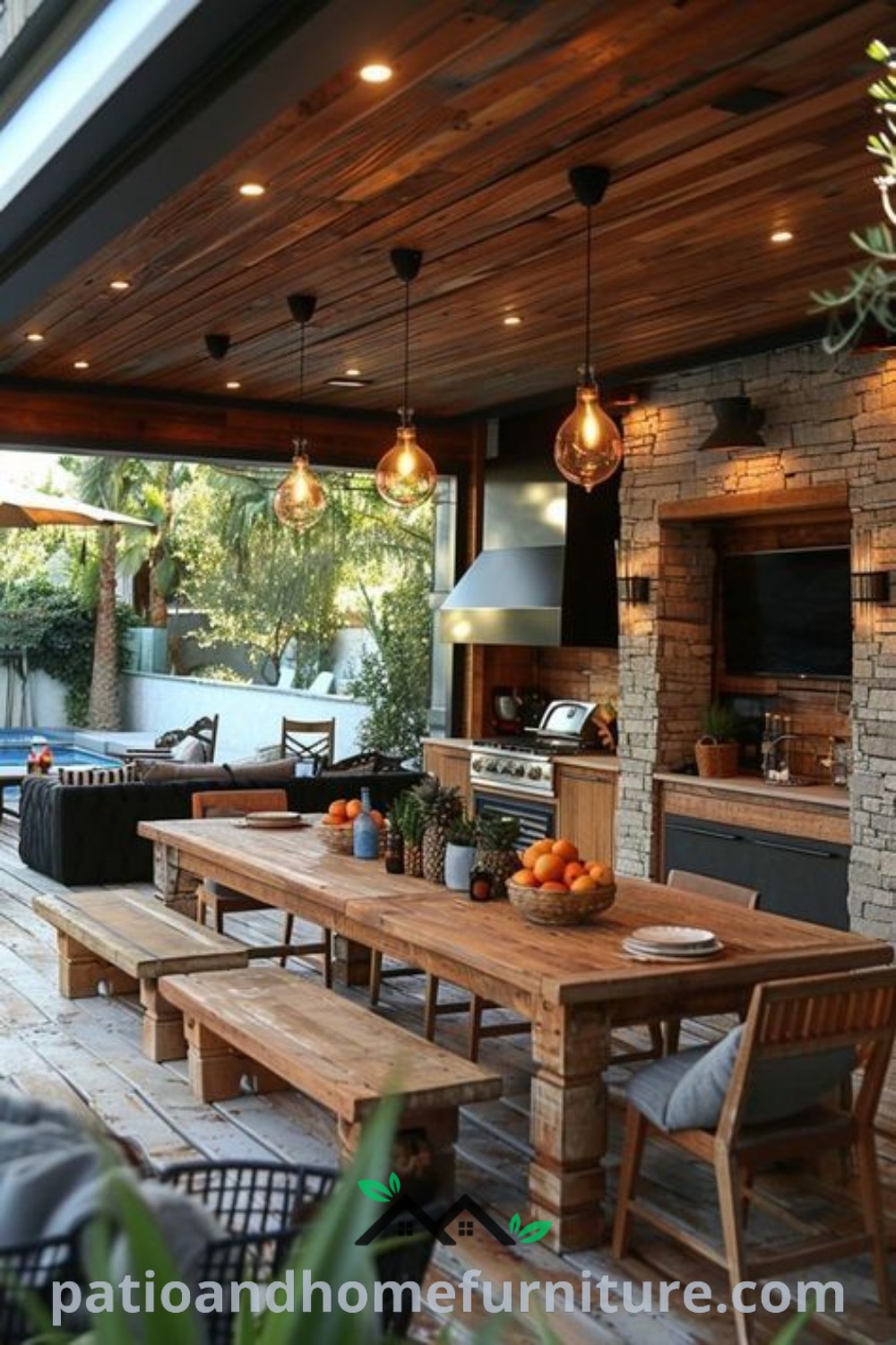 Outdoor kitchen area with wood flooring and stone walls, featuring ceiling lights, ideal for cozy gatherings and outdoor entertaining, showcasing design ideas for beautiful outdoor living spaces, as seen on wellnesswink.com.
