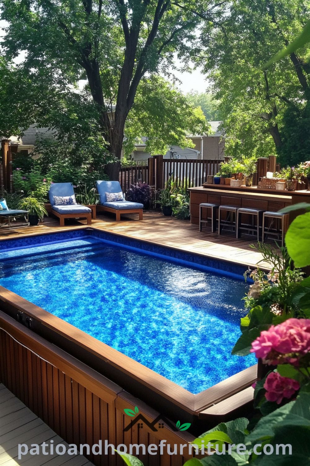 Luxurious above ground pool oasis from patioandhomefurniture.com featuring a spacious deck, bar area, and lush greenery, perfect for backyard ideas with pool and affordable pool ideas backyard.