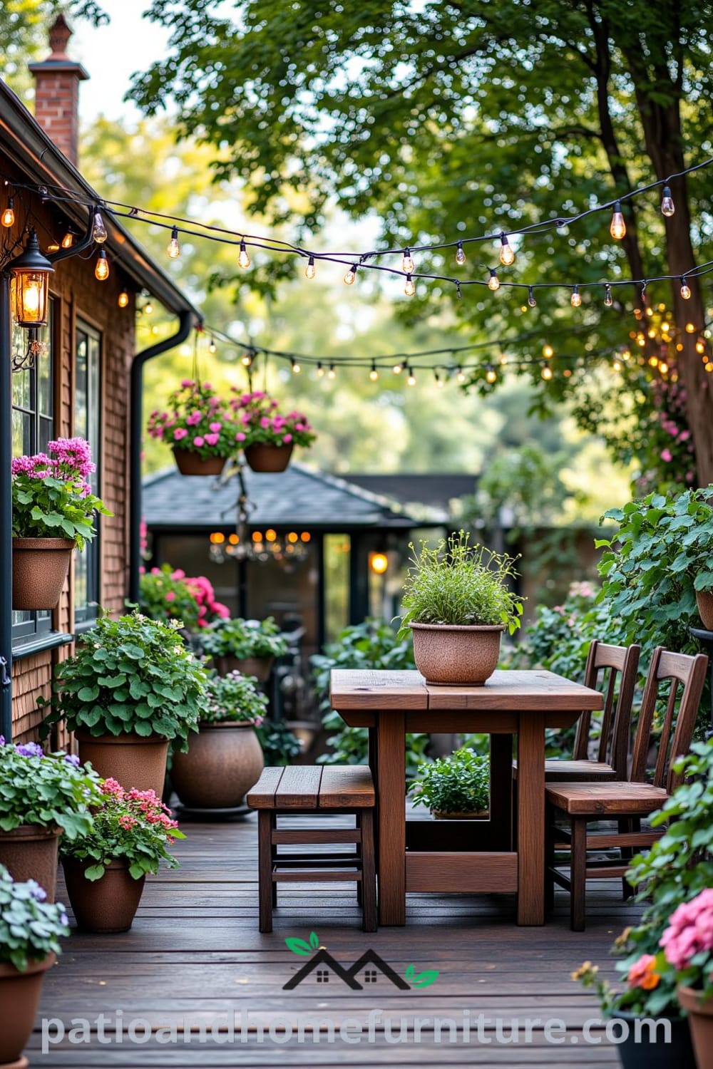 Cozy backyard retreat with a rustic wooden deck, vibrant flowers, and a fire pit surrounded by mismatched chairs, ideal for gatherings and outdoor relaxation, featured on fireplacesandwoodstoves.com.