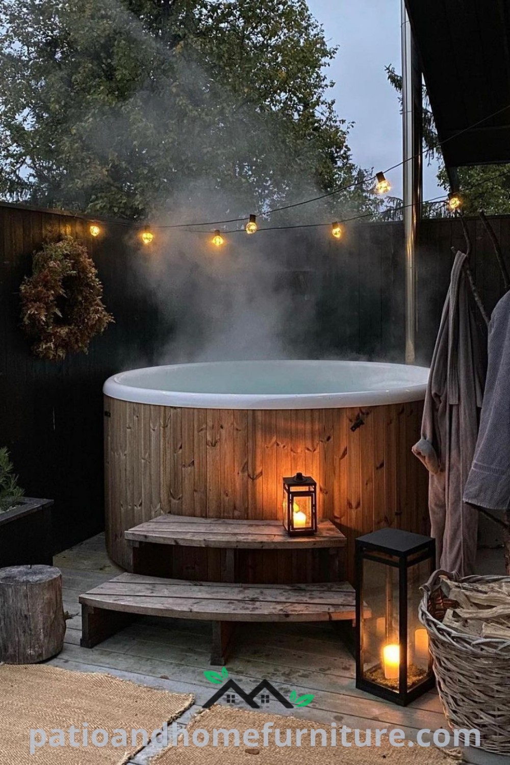Cozy outdoor hot tub surrounded by decorative lights and lush landscaping, creating a serene retreat ideal for relaxation and gatherings, featured on wellnesswink.com with inspiring ideas for your home.