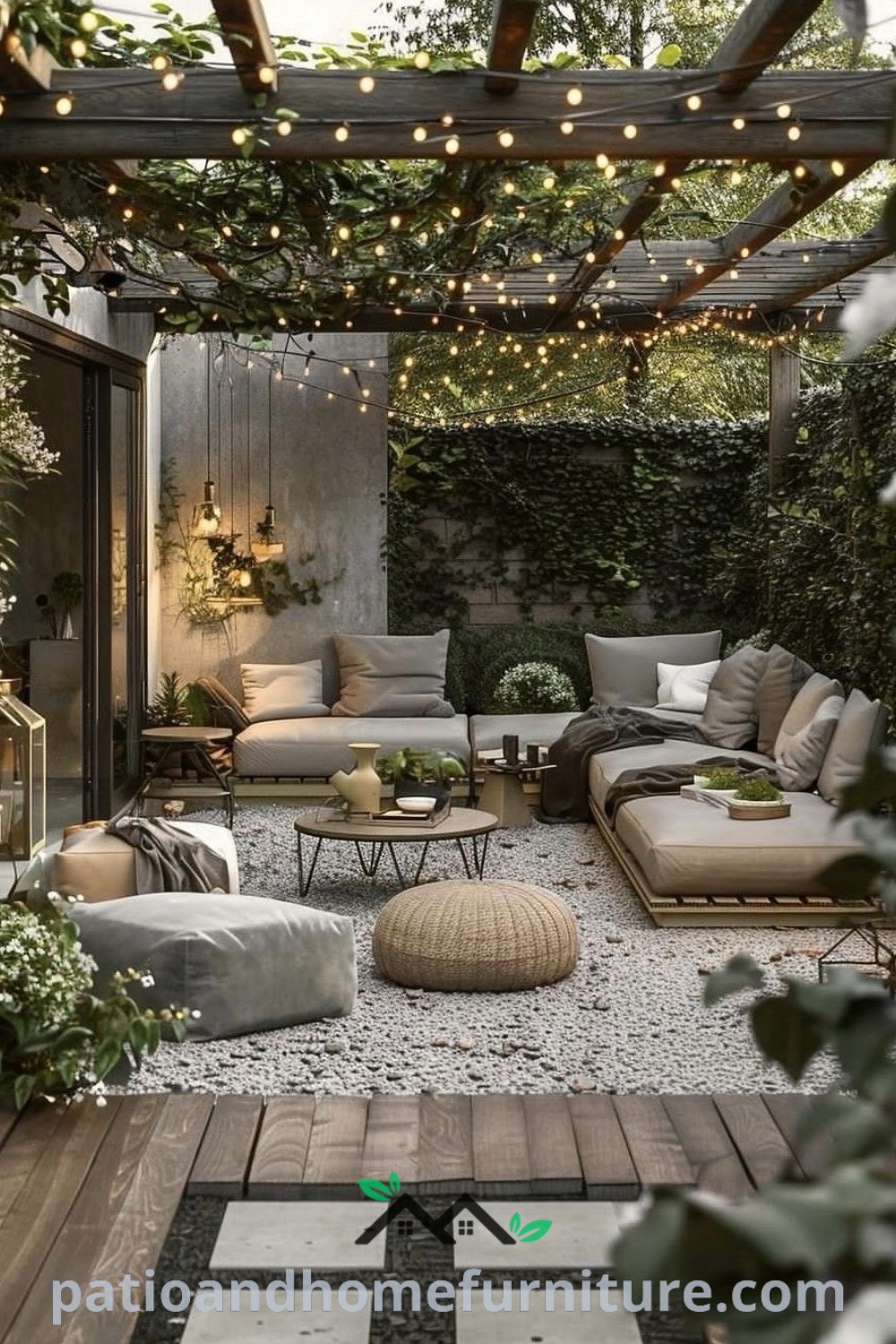 Cozy outdoor living area featuring inviting couches, stylish tables, and charming lights, creating a warm and welcoming atmosphere for relaxation and social gatherings, with decor inspirations for enhancing your home available on wellnesswink.com.