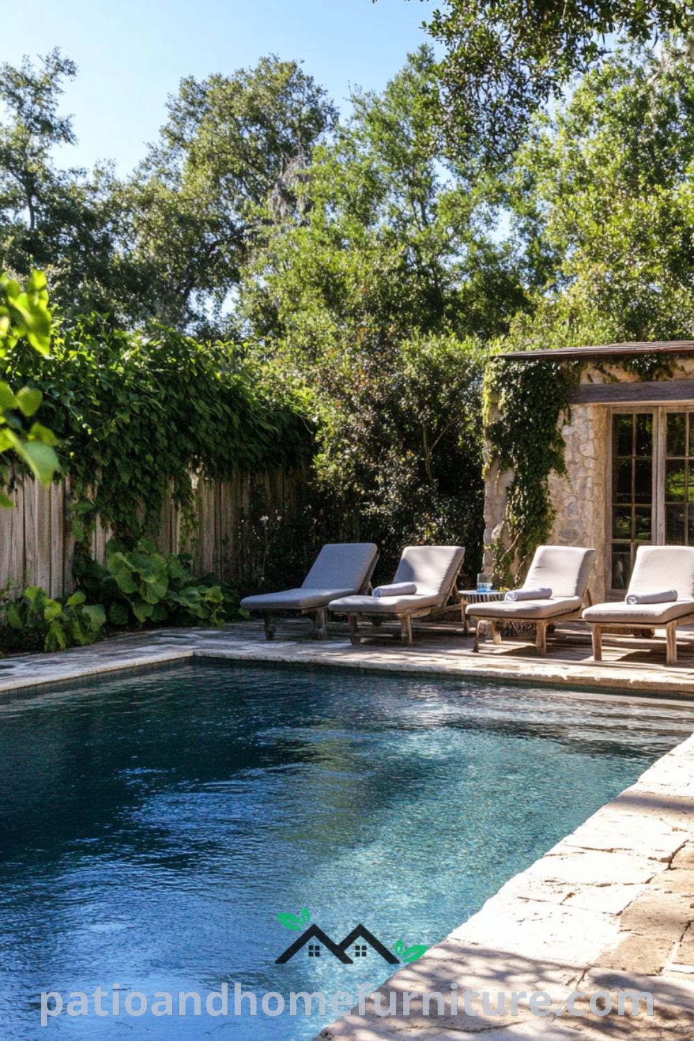 Backyard pool with shimmering water, surrounded by rustic stone pavers and weathered lounge chairs, framed by lush greenery and climbing vines, creating a cozy and inviting atmosphere perfect for relaxation and play. Visit fireplacesandwoodstoves.com for more cozy home design ideas.