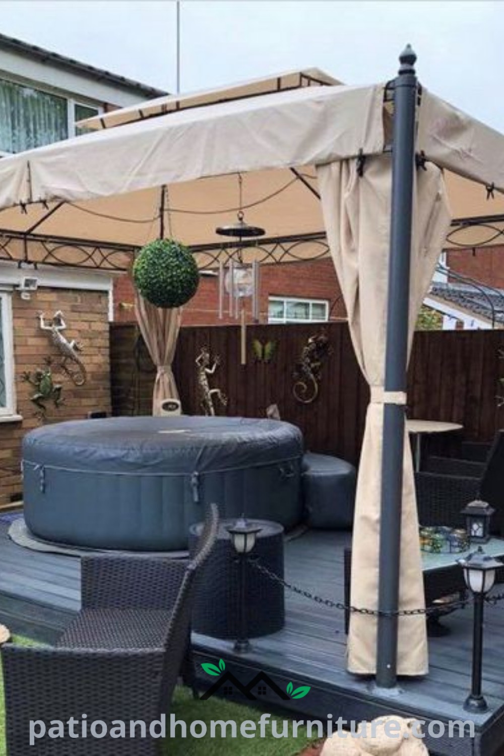 Cozy hot tub in a backyard gazebo, surrounded by inviting decor ideas and design inspirations for creating a relaxing outdoor spa experience, featured on wellnesswink.com.