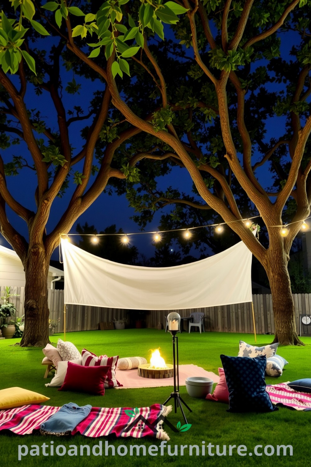 Cozy backyard cinema setup under a starlit sky featuring a canvas screen, mismatched blankets, and pillows, with warm string lights creating an inviting ambiance, inspired by cozy home design ideas from fireplacesandwoodstoves.com.