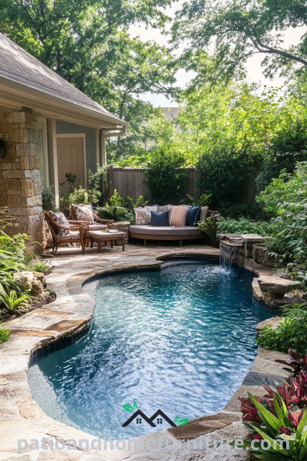 Tropical backyard oasis design with a small pool, lush landscaping, and cozy seating area from patioandhomefurniture.com, showcasing inspiring pool landscaping and outdoor ideas with pool for a perfect backyard resort.