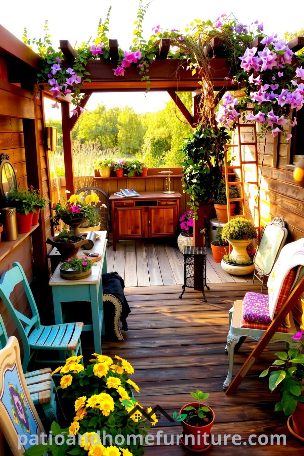 Rustic wooden deck with mismatched patio furniture, vibrant potted plants, and a trellis draped with climbing vines in a sunny backyard, creating a warm and inviting atmosphere perfect for relaxation, featured on fireplacesandwoodstoves.com.
