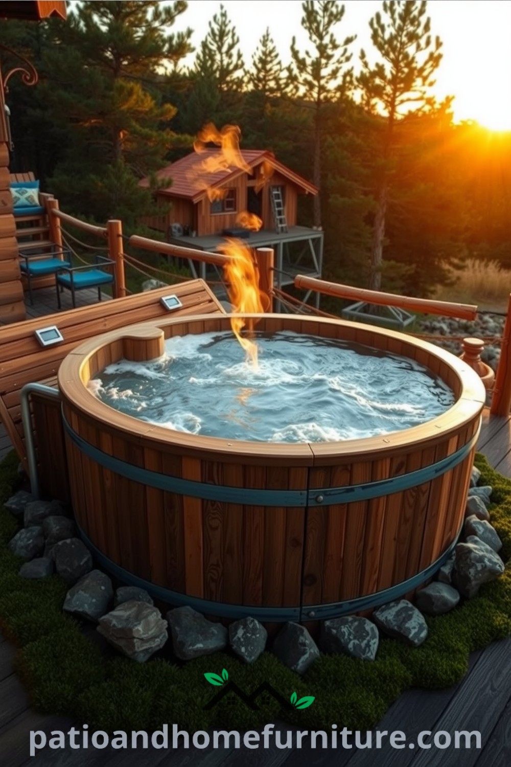 Rustic wooden hot tub surrounded by mossy stones on a wooden deck, with gentle steam rising in a serene landscape of pines and soft grass, showcasing cozy ideas for a tranquil home retreat, featured on fireplacesandwoodstoves.com.
