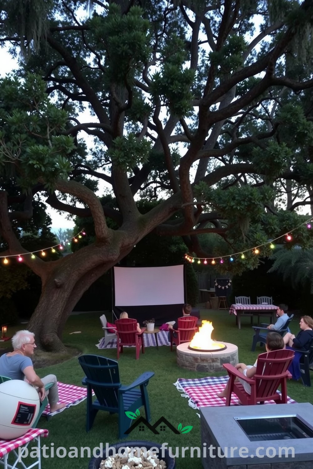 Backyard cinema setup beneath an oak tree with colorful string lights, mismatched chairs, and blankets, evoking cozy ideas for a home movie night, perfect for family gatherings, featured on fireplacesandwoodstoves.com.
