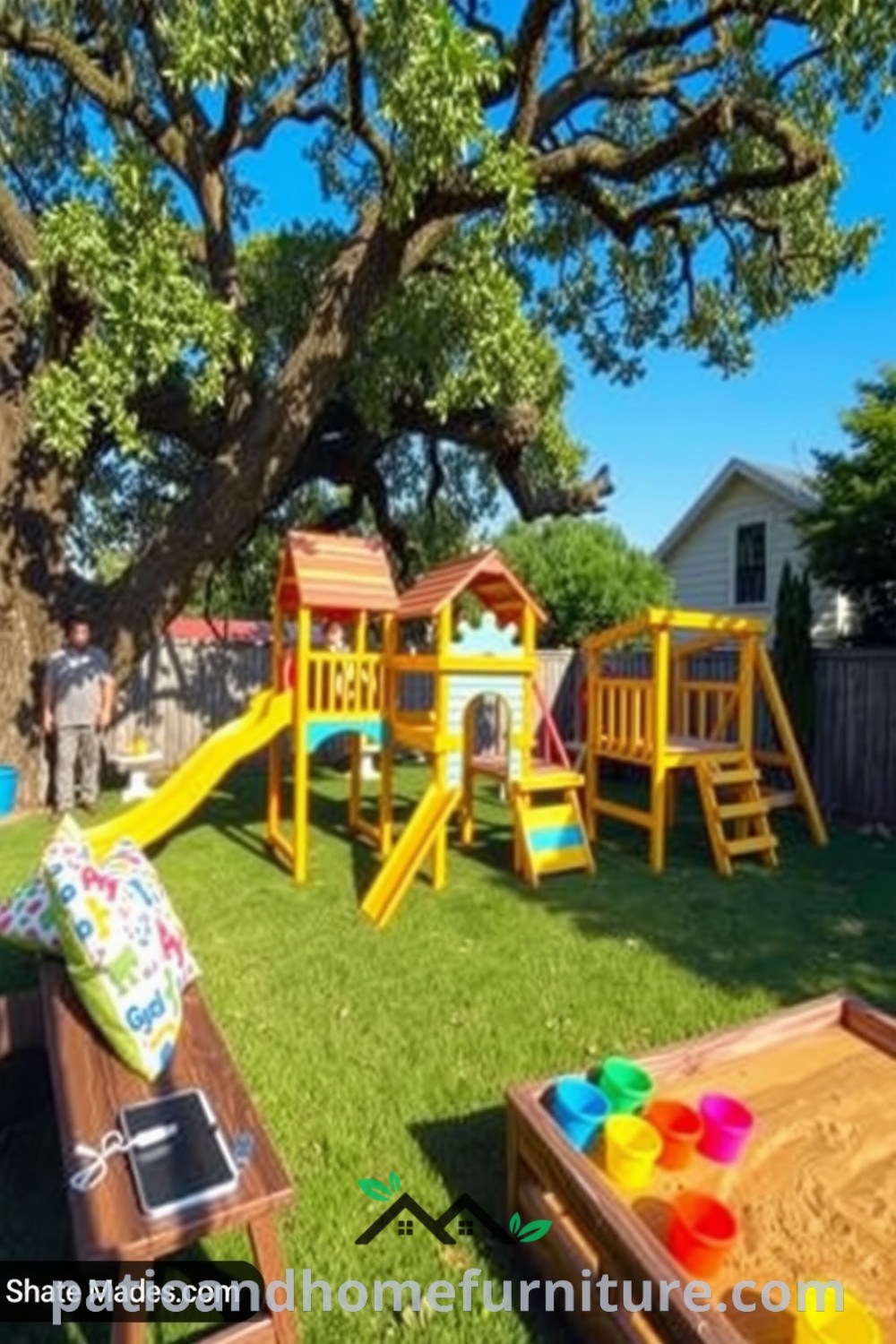 A backyard play center featuring colorful wooden slides and climbing frames, surrounded by soft grass and shaded by an old oak tree, with cozy benches and a golden sand sandbox, offering inspiring decor ideas for a family-friendly outdoor space at fireplacesandwoodstoves.com.