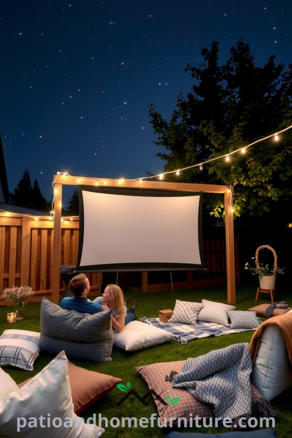 Cozy backyard cinema with weathered wooden frame, lightweight screen, plush cushions, and fairy lights under a starlit sky, perfect for outdoor movie nights; find more cozy ideas at fireplacesandwoodstoves.com.