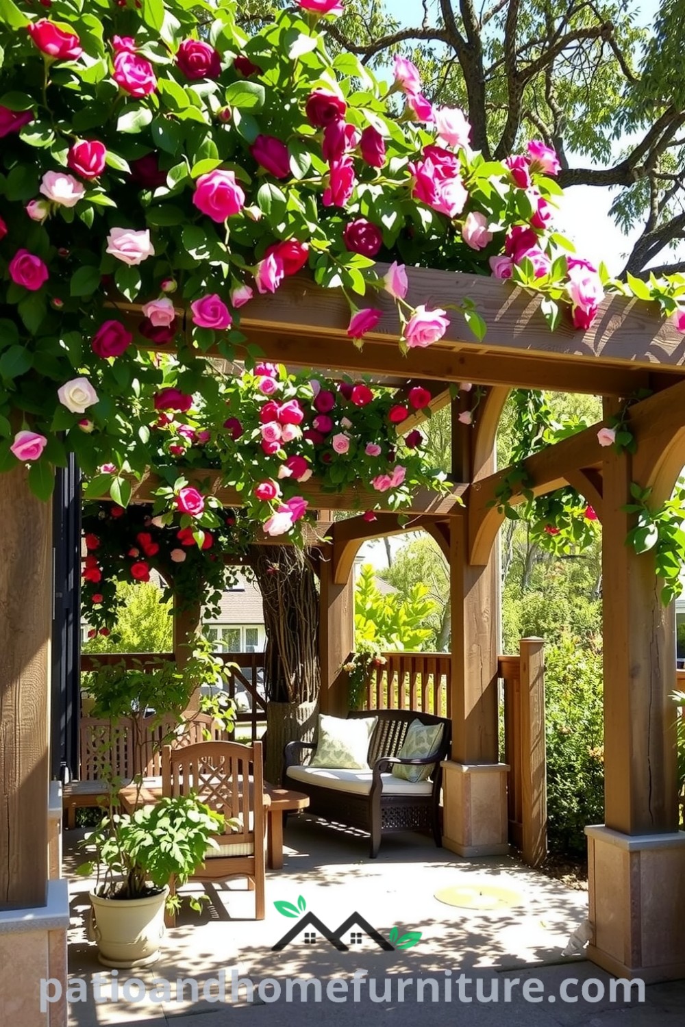 Floral pergola draped in climbing roses and jasmine over a stone patio, creating a cozy outdoor retreat perfect for gatherings, showcasing unique design inspirations for your home at fireplacesandwoodstoves.com.