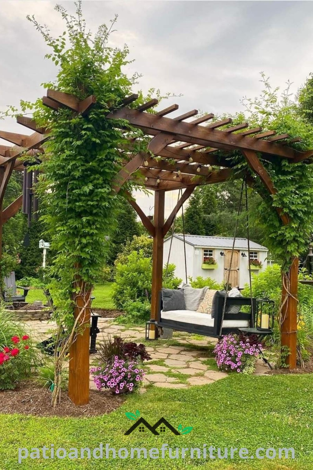 A cozy swing set located in the middle of a colorful garden, surrounded by flowers and greenery, offering inviting decor ideas for your home and garden, enhancing outdoor enjoyment and relaxation. Visit wellnesswink.com for unique inspirations.