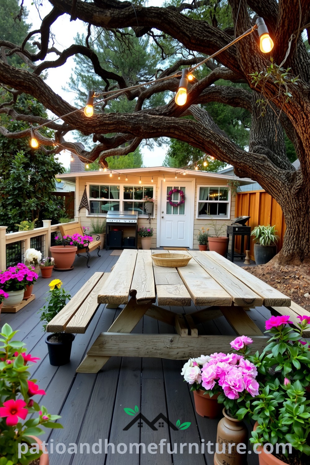 Cozy backyard scene with a weathered wooden deck surrounded by flourishing plants and blooms, featuring a sturdy picnic table under an oak tree and string lights overhead, creating an inviting ambiance, perfect for gatherings, from fireplacesandwoodstoves.com.