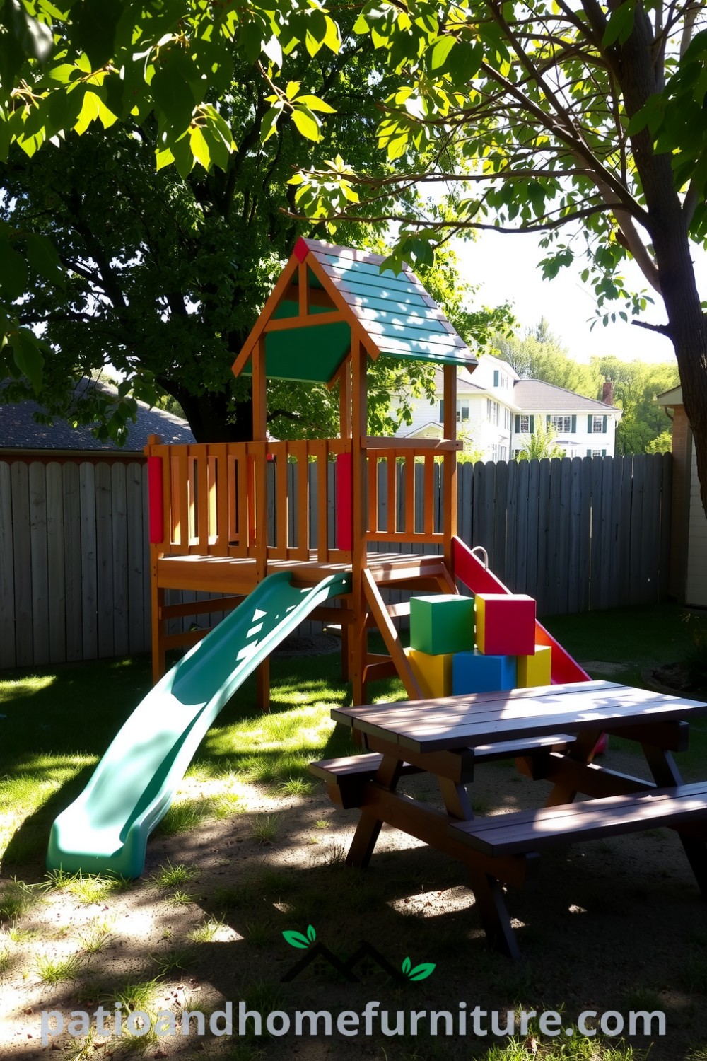 Vibrant multi-activity play center in a sunlit backyard featuring a wooden frame, colorful climbing blocks, and a smooth slide, surrounded by lush grass, showcasing cozy design ideas for an inspiring outdoor space. Visit fireplacesandwoodstoves.com for more decor inspirations.