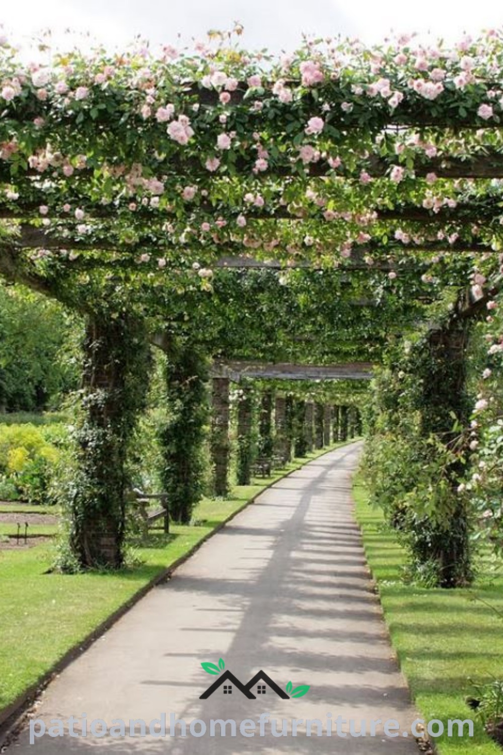 Archway decorated with pink flowers and greenery, creating a cozy and inviting walkway, perfect for outdoor sitting areas, and showcasing beautiful decor ideas for a charming garden on wellnesswink.com.