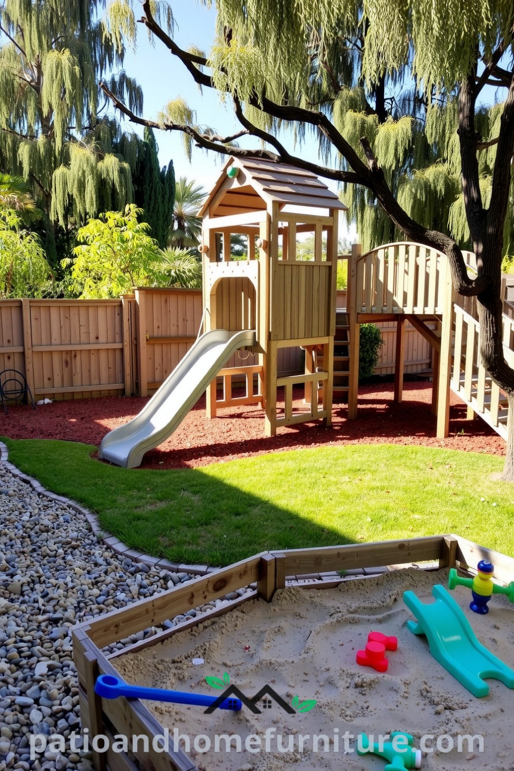 Sunny backyard with a multi-activity play center made of wooden slides and climbing structures, vibrant grass, a pebbled path to a sandbox with colorful toys, creating a lively atmosphere ideal for children