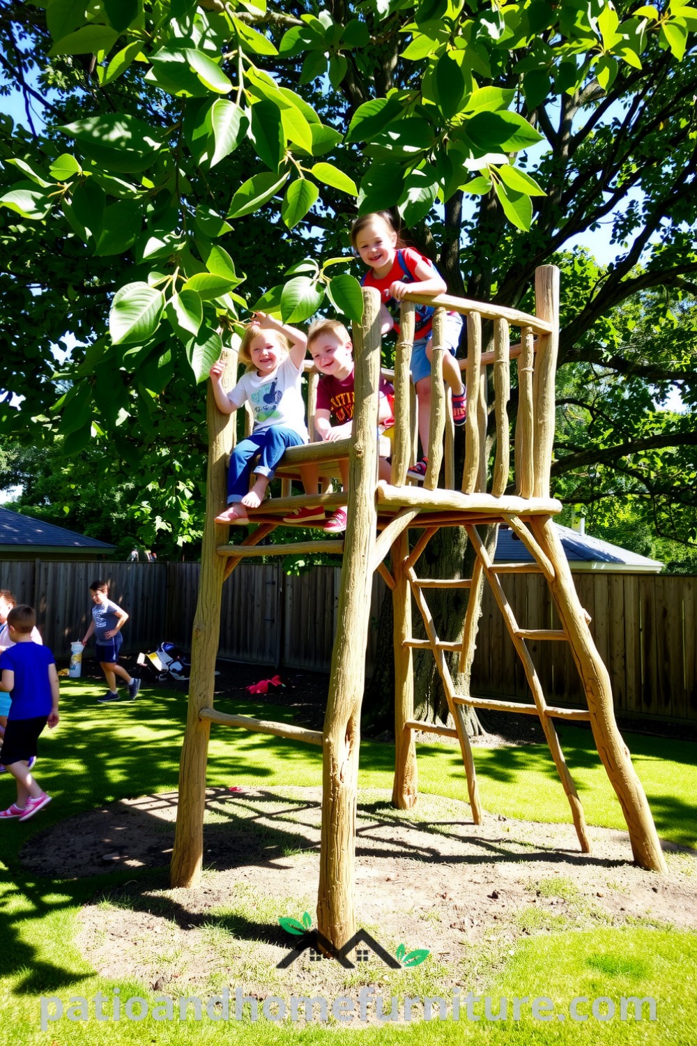 Backyard filled with children playing on a wooden climbing structure surrounded by soft grass, sunlight filtering through trees, creating a lively atmosphere perfect for outdoor adventures, featured at fireplacesandwoodstoves.com under unique decor ideas.