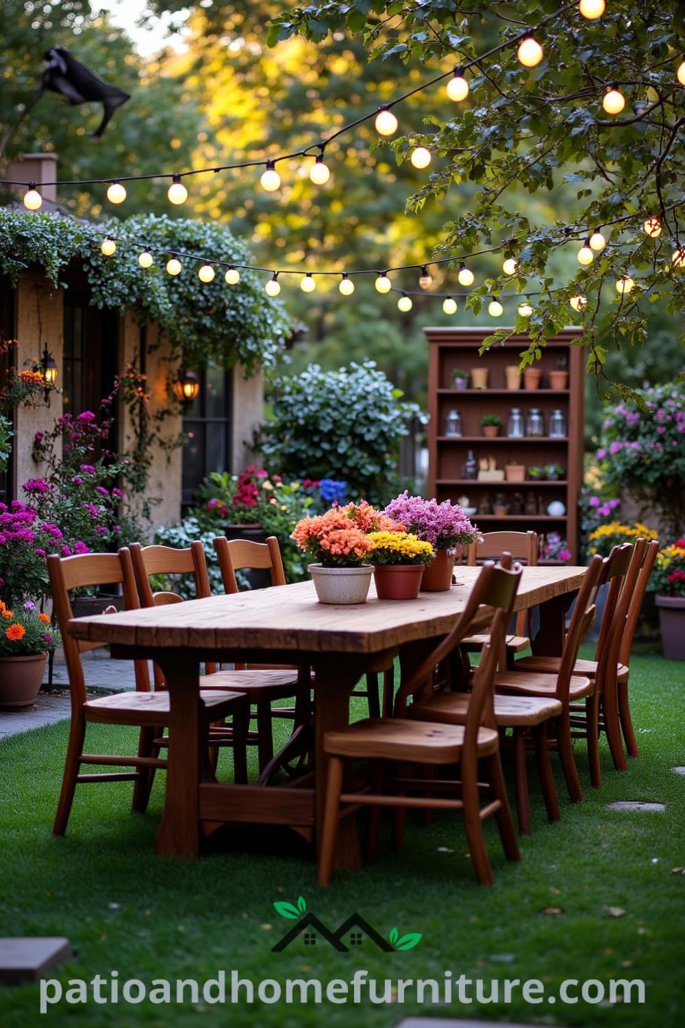 Cozy backyard dining setup with a hand-carved wooden table, mismatched chairs, and glowing string lights overhead, surrounded by vibrant flower pots, evoking a warm sense of community, perfect for gatherings and relaxation. Visit fireplacesandwoodstoves.com for cozy home design inspirations.