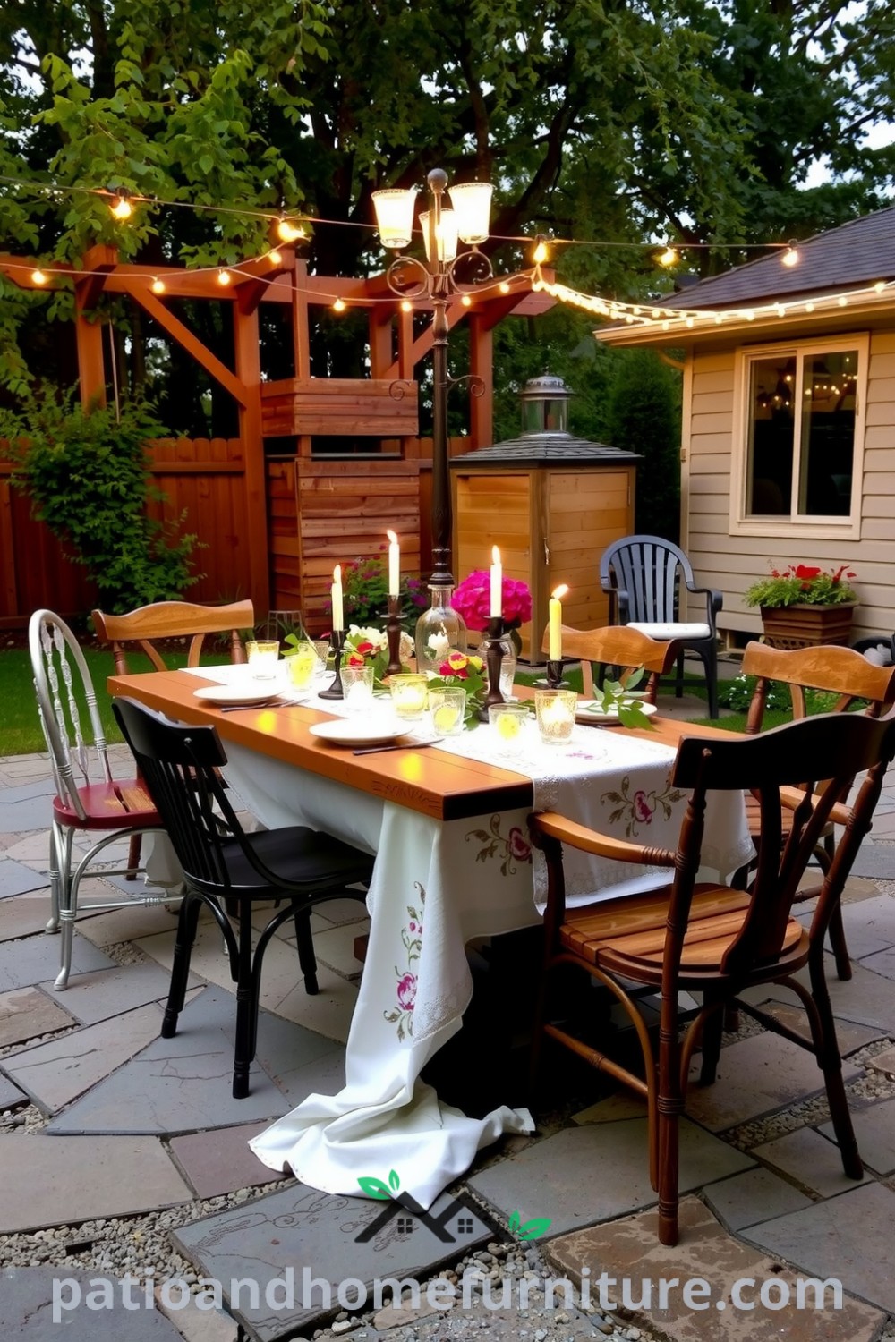 Cozy backyard dinner setup on a stone patio with an embroidered tablecloth, wooden table, flickering candles in glass holders, mismatched chairs, and fairy lights, creating an inviting atmosphere for celebrations. Visit fireplacesandwoodstoves.com for inspiring decor ideas.