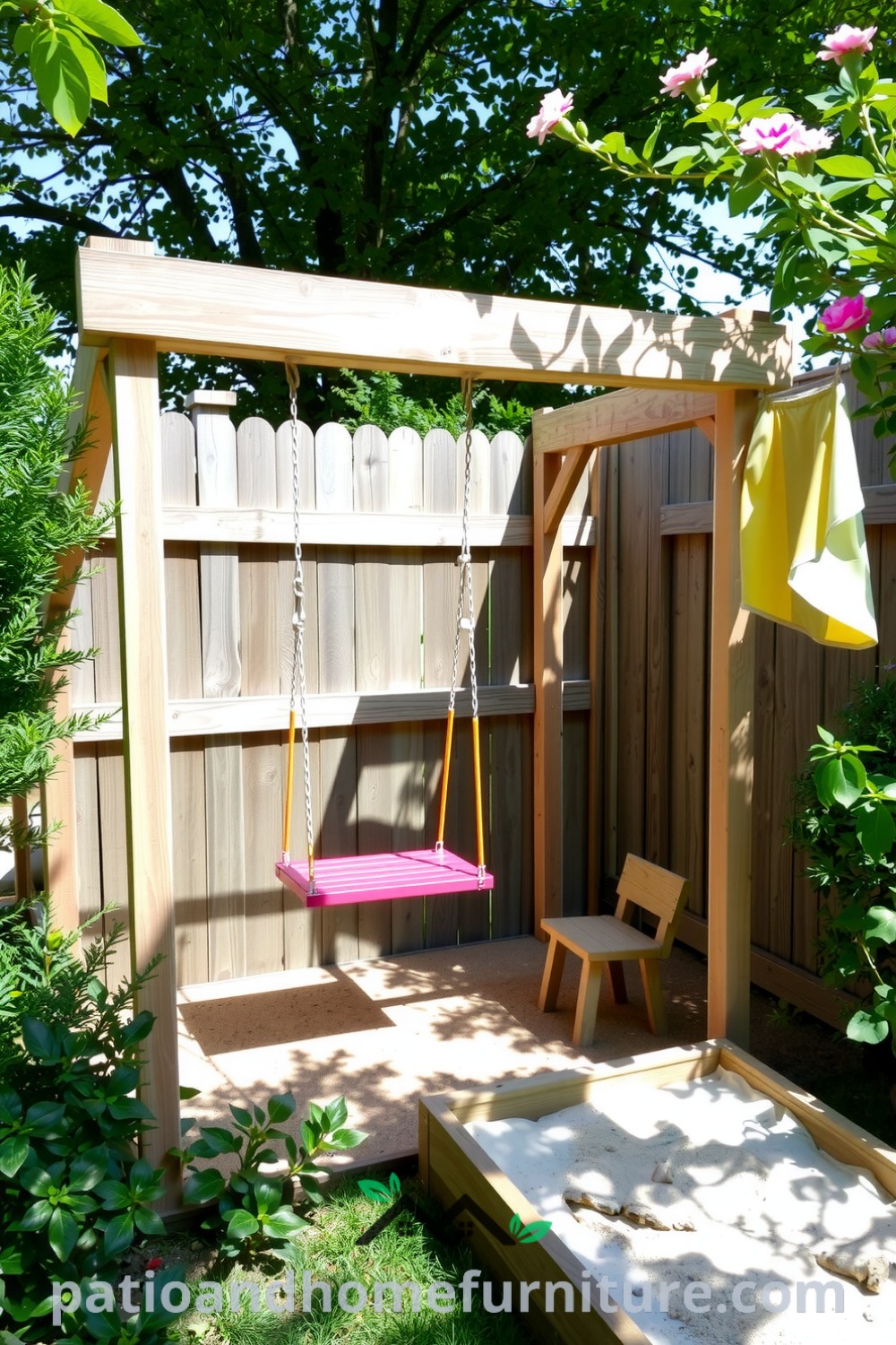 Backyard playground with a wooden fort made from reclaimed timber, a colorful swing, and a small sandbox surrounded by lush greenery, creating a cozy and playful atmosphere for children, featuring cozy ideas and decor inspirations from fireplacesandwoodstoves.com.
