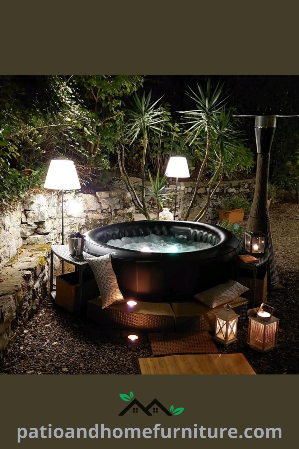 Outdoor spa setup featuring a portable hot tub surrounded by lush plants and cozy seating, creating a serene atmosphere perfect for relaxation and enjoyment, available at wellnesswink.com. Cozy ideas for transforming your backyard into a peaceful retreat.