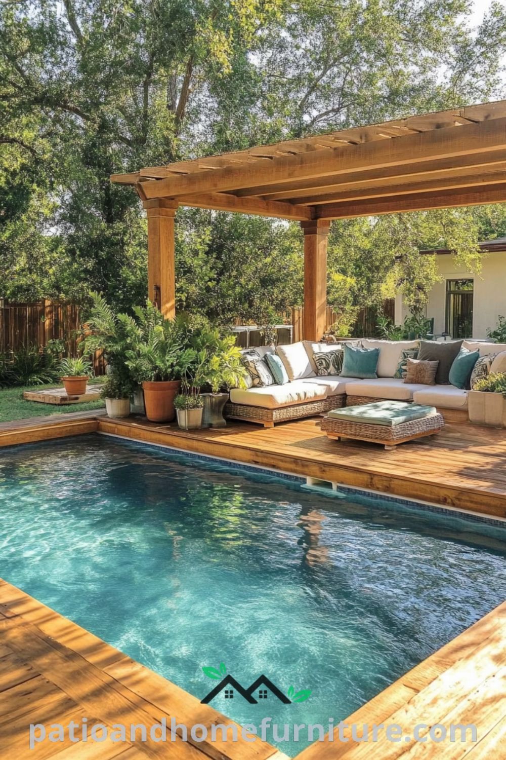 Elegant above ground pool oasis from patioandhomefurniture.com with a wooden deck, cozy seating area, and vibrant greenery, showcasing beautiful above ground pool designs.