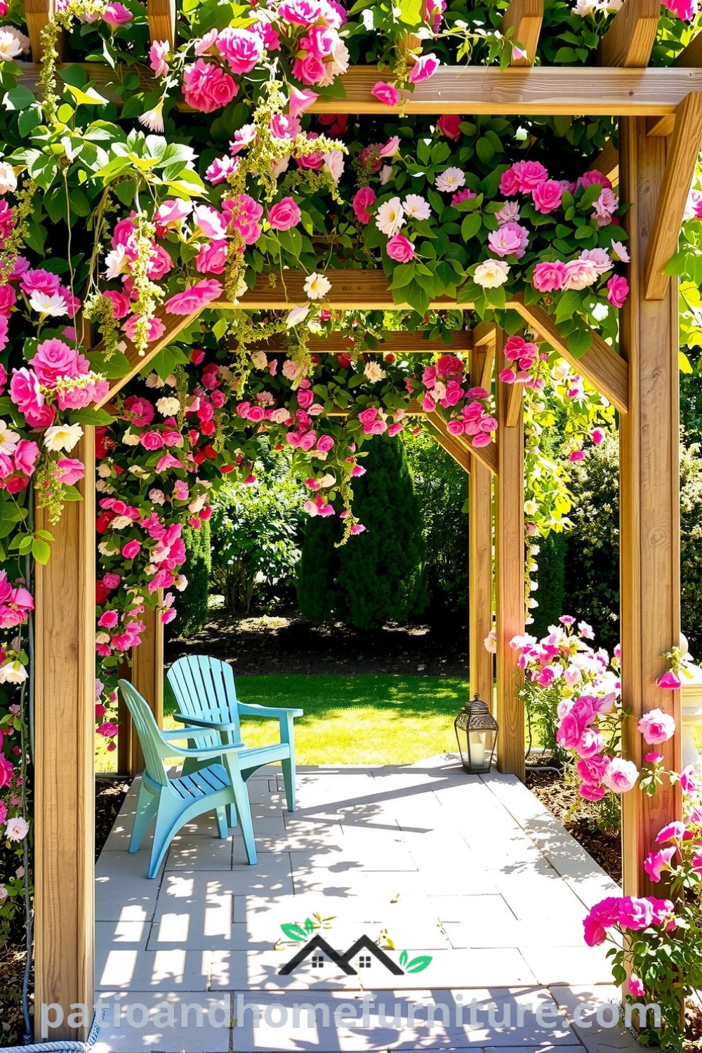 Floral pergola adorned with cascading vines and colorful blooms, featuring weathered wooden beams, casting playful shadows on a stone patio with inviting chairs, showcasing cozy ideas for garden decor inspirations at fireplacesandwoodstoves.com.