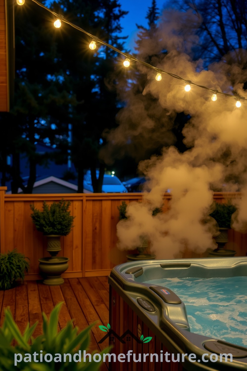Cozy hot tub on a wooden deck with steam rising, surrounded by potted plants and string lights, creating a relaxing evening atmosphere, perfect for inspiring cozy home decor ideas, featured at fireplacesandwoodstoves.com.