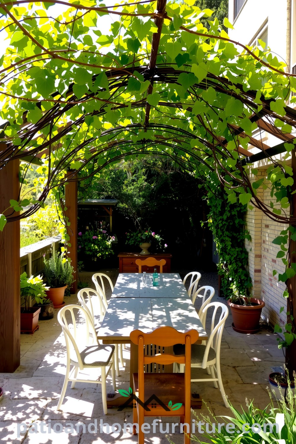 Cozy outdoor dining setup under a vine-covered pergola with a rustic wooden table, mismatched chairs, and potted herbs, creating a warm and inviting atmosphere, perfect for gatherings with friends and family. For more cozy ideas, visit fireplacesandwoodstoves.com.