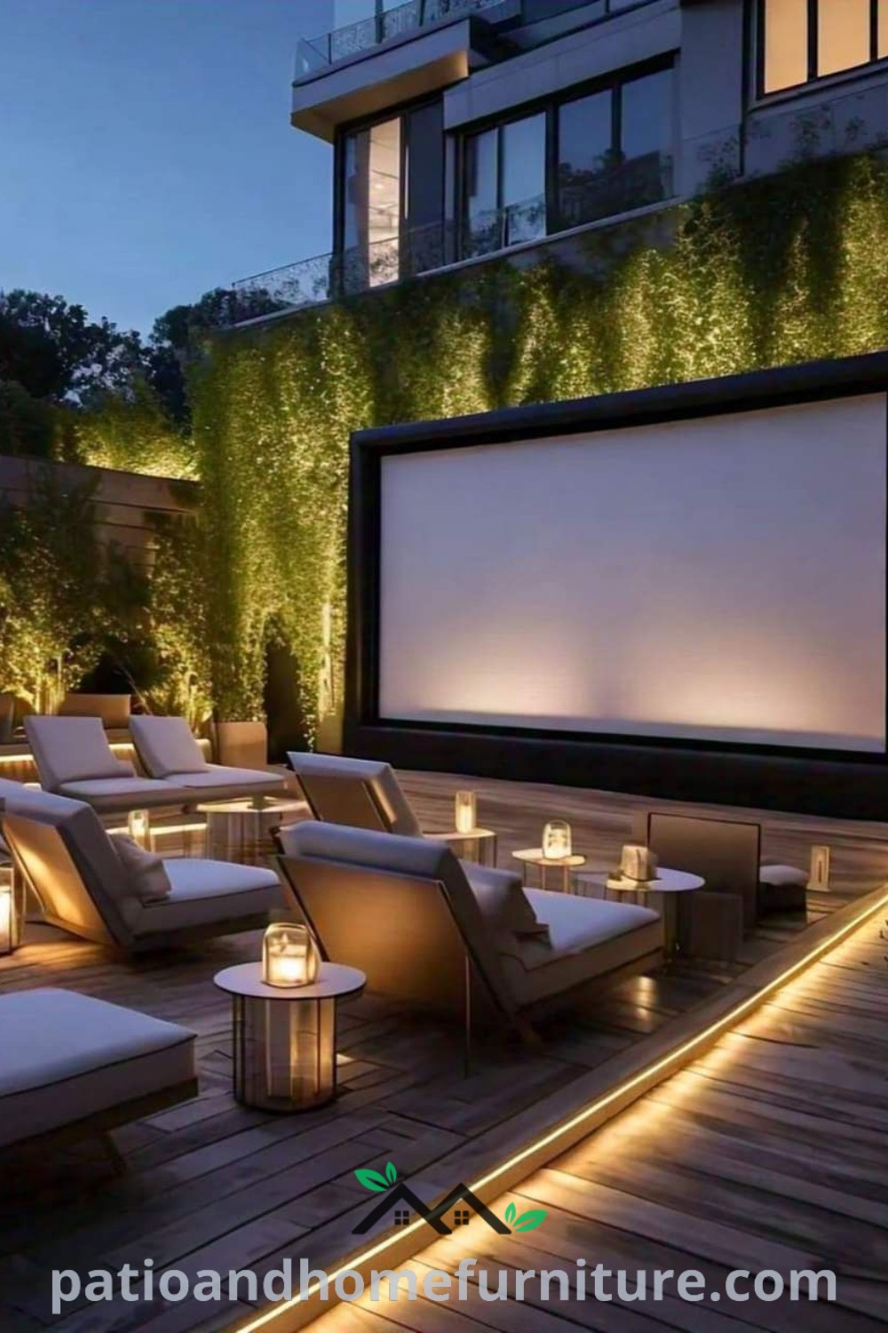 Outdoor movie theater setup at night featuring cozy tables and chairs illuminated by candles, creating an inviting atmosphere for film watching, showcasing elegant decor inspirations for your home at wellnesswink.com.