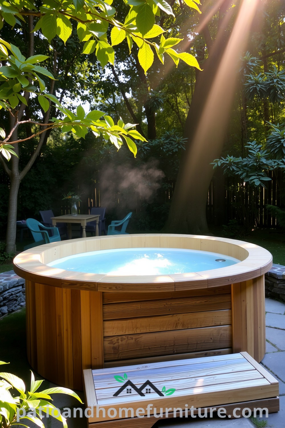 Traditional wooden hot tub on a stone patio surrounded by lush greenery, creating a cozy oasis for relaxation, offering decor ideas for your home at fireplacesandwoodstoves.com.