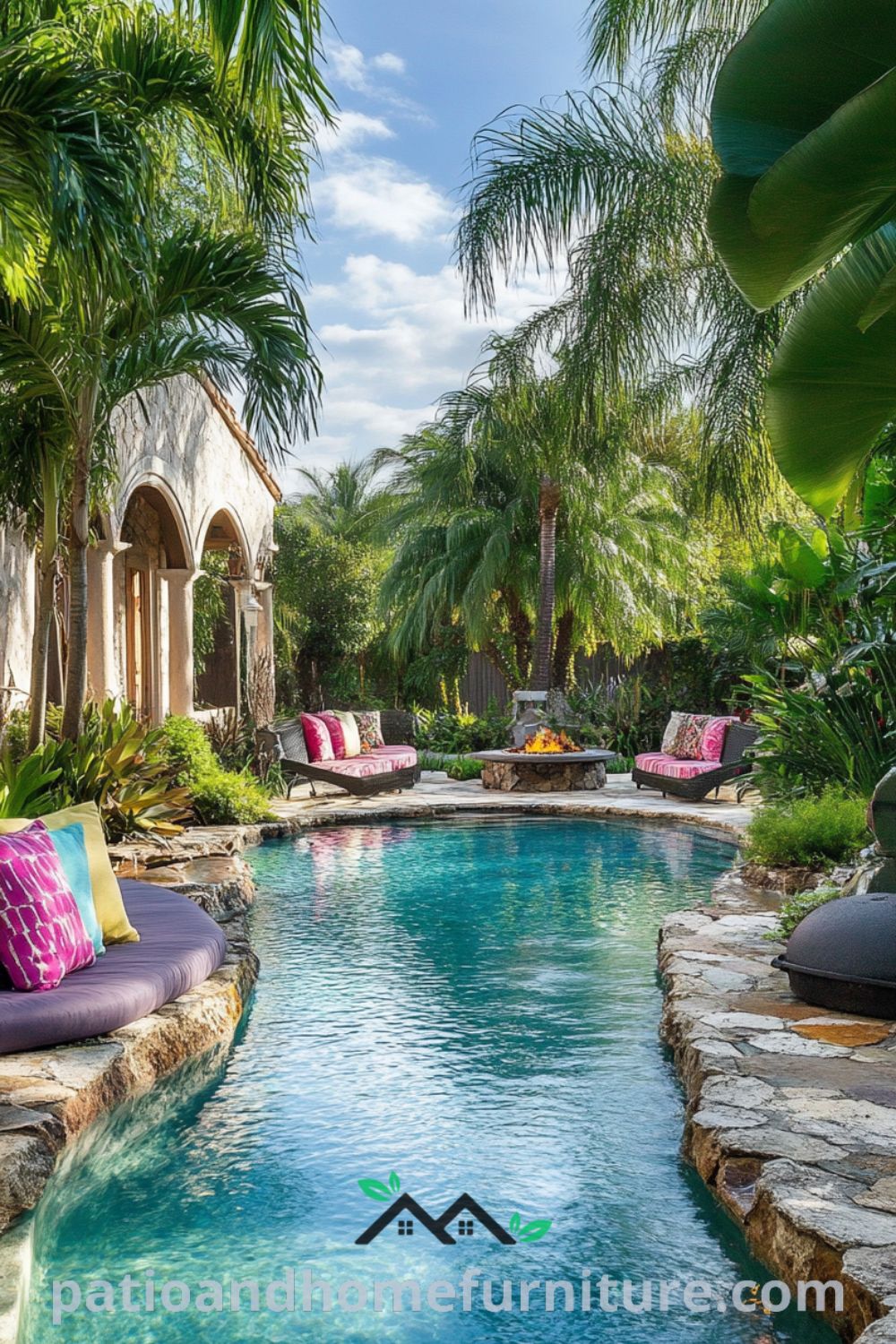 Inviting tropical backyard oasis featuring a vibrant swimming pool, cozy fire pit, and lush landscaping from patioandhomefurniture.com, ideal for pool landscaping, outdoor living space, and backyard resort ideas.
