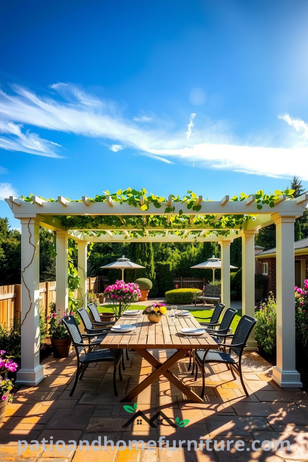 Cozy outdoor pergola surrounded by climbing vines and a stone patio, featuring a wooden dining table set for an al fresco meal, creating an inviting atmosphere for relaxation and gatherings at fireplacesandwoodstoves.com.