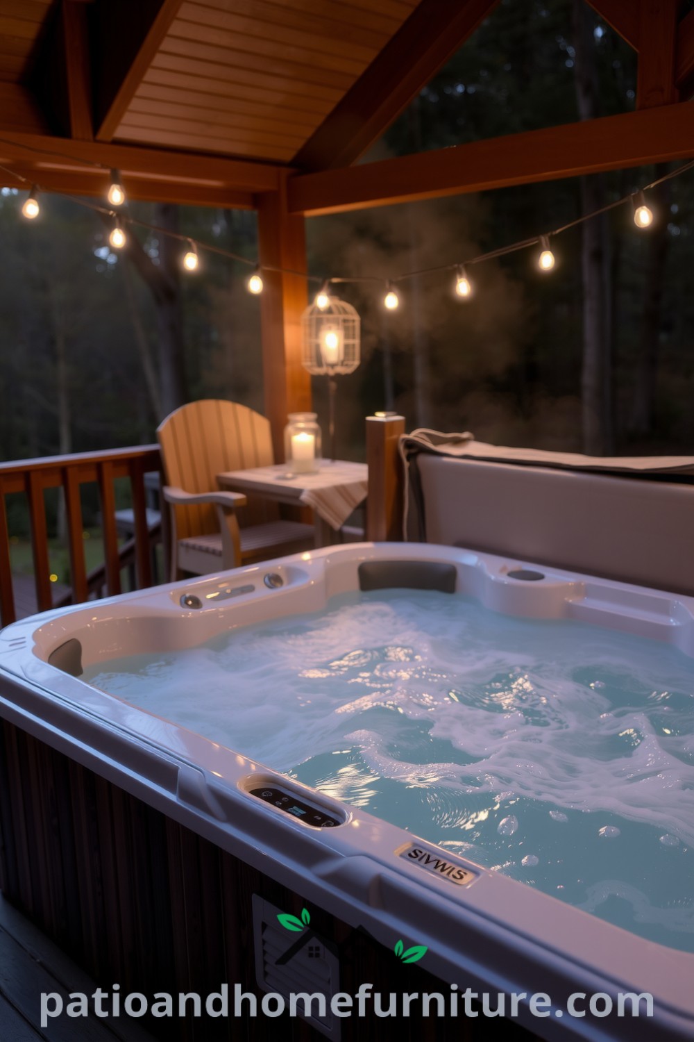 Cozy hot tub on a wooden deck surrounded by lush greenery, with steam rising in the cool evening air and soft string lights creating a warm ambiance, perfect for relaxation and socializing, featuring unique ideas from fireplacesandwoodstoves.com.