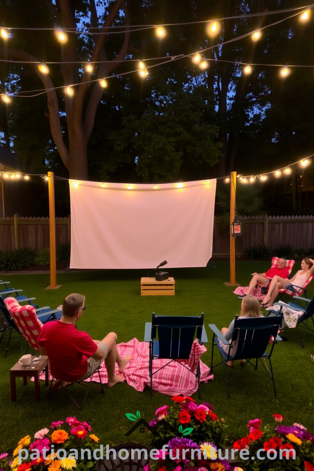 Cozy backyard cinema with twinkling string lights, a white screen, and gathered chairs, creating an inviting atmosphere perfect for movie nights, featured on fireplacesandwoodstoves.com.