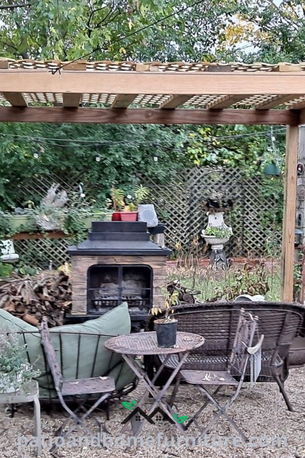 Outdoor patio with comfortable chairs, a stylish table, and a grill, surrounded by colorful flower pots and a cozy pergola, presenting inspiring decor ideas for a cozy home at wellnesswink.com.