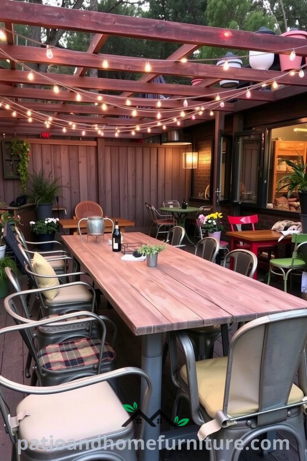 A cozy outdoor dining area with a rustic wooden table, mismatched chairs, fairy lights, and potted herbs, creating an inviting atmosphere for al fresco meals. Discover cozy ideas and decor inspirations for your home at fireplacesandwoodstoves.com.
