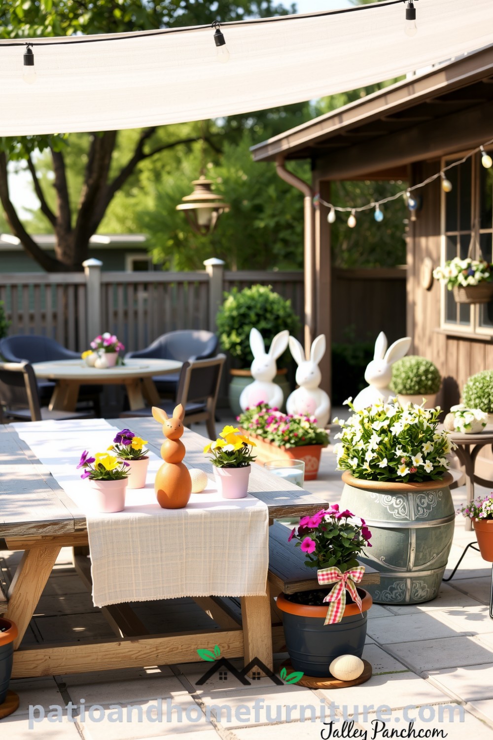 Colorful patio adorned with pastel wood eggs, vibrant pansies, and rustic pots, featuring a weathered picnic table and string lights, creating a cozy outdoor setting ideal for gatherings, with playful bunny figurines and dappled sunlight, bringing unique decor inspirations for your home at fireplacesandwoodstoves.com.