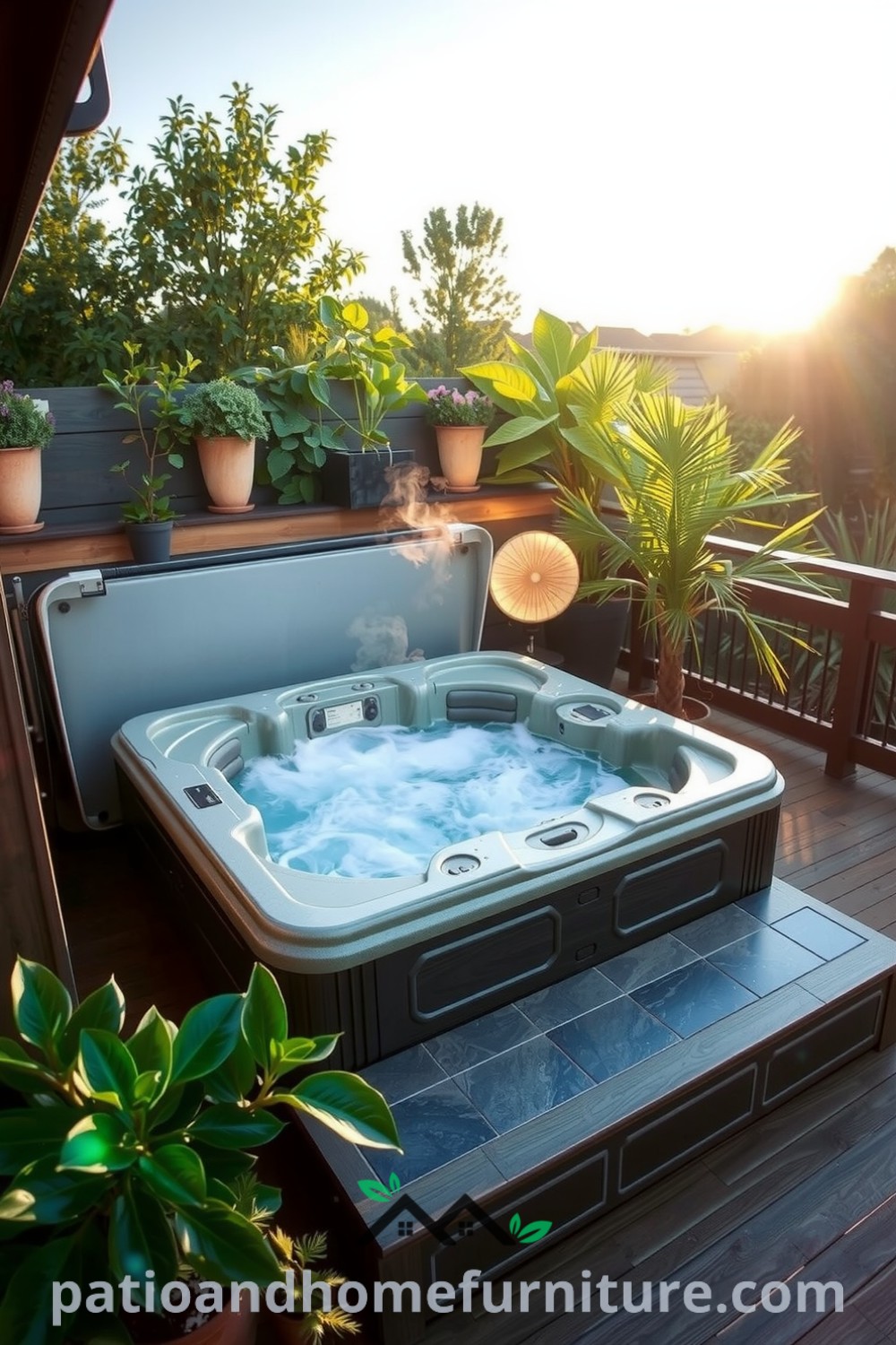 Cozy hot tub on a wooden deck surrounded by greenery with steam rising in the sunlight, creating a serene escape for relaxation, featured on fireplacesandwoodstoves.com.