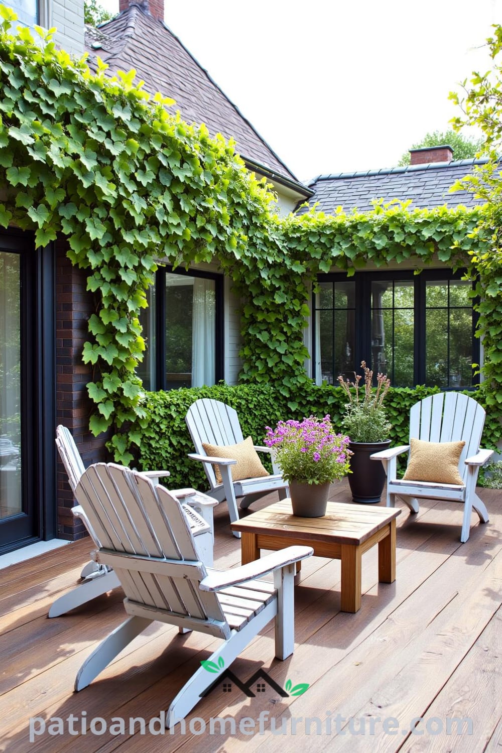 Cozy backyard with rustic wooden deck, weathered lounge chairs, and a reclaimed wood table adorned with wildflowers, surrounded by lush greenery, creating a charming atmosphere for outdoor gatherings, featured on fireplacesandwoodstoves.com.